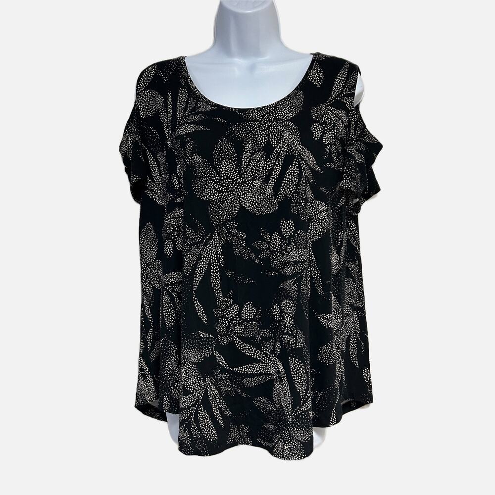 JM Collection Cut out Shoulder Short Sleeve Blouse White Dotted Flower Print PXL